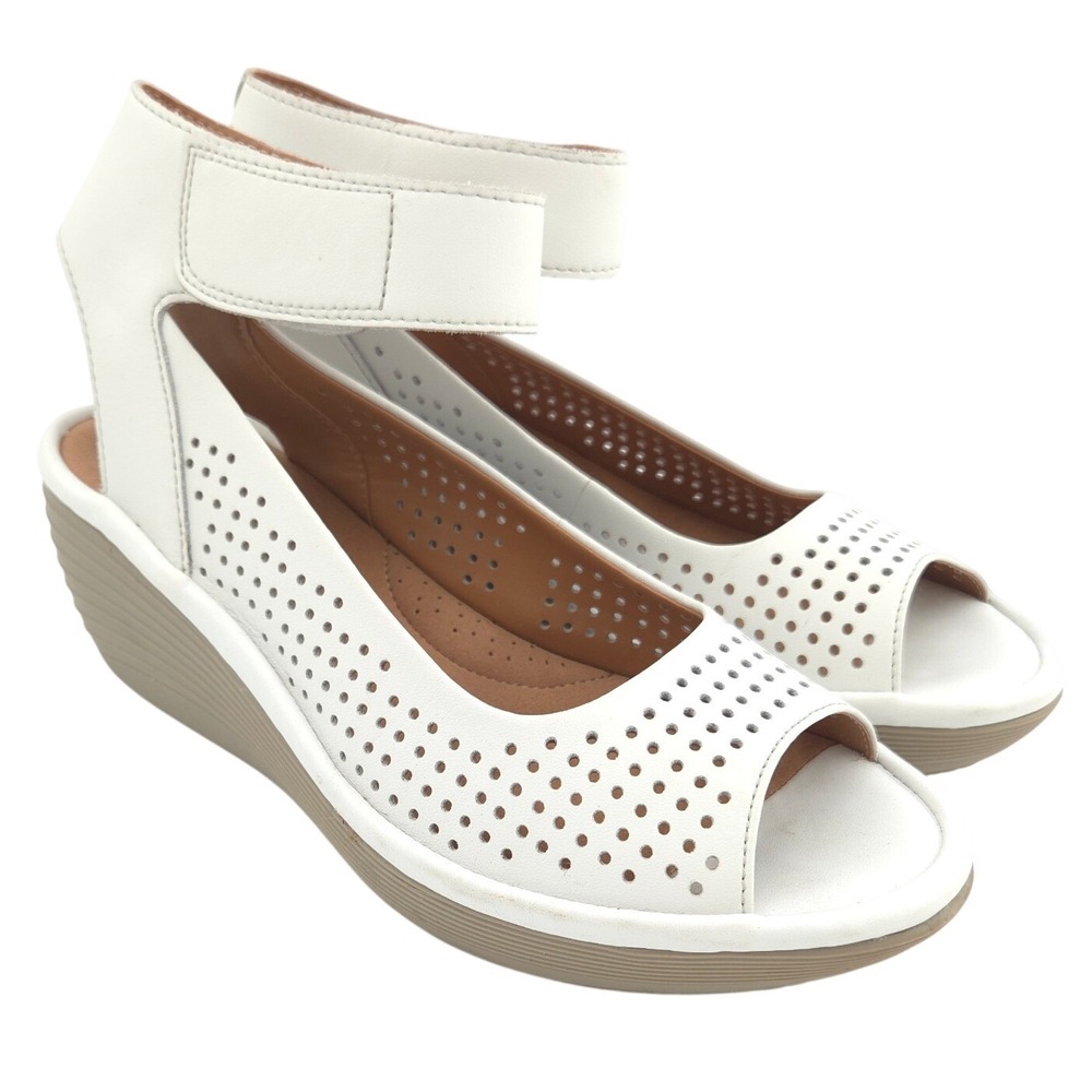 Clarks Clarene Prima Wedge Sandals Women 7 WIDE White Leather Peep Toe 2.5"